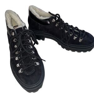 NEW Schutz Lug Boot Faux Shearling Suede Ankle  9.5 Lucille Chunky Black Lace Up